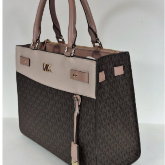 Michael Kors Reagan Large Satchel Signature Brown Soft Pink Fawn Coated Twill - Picture 2 of 11